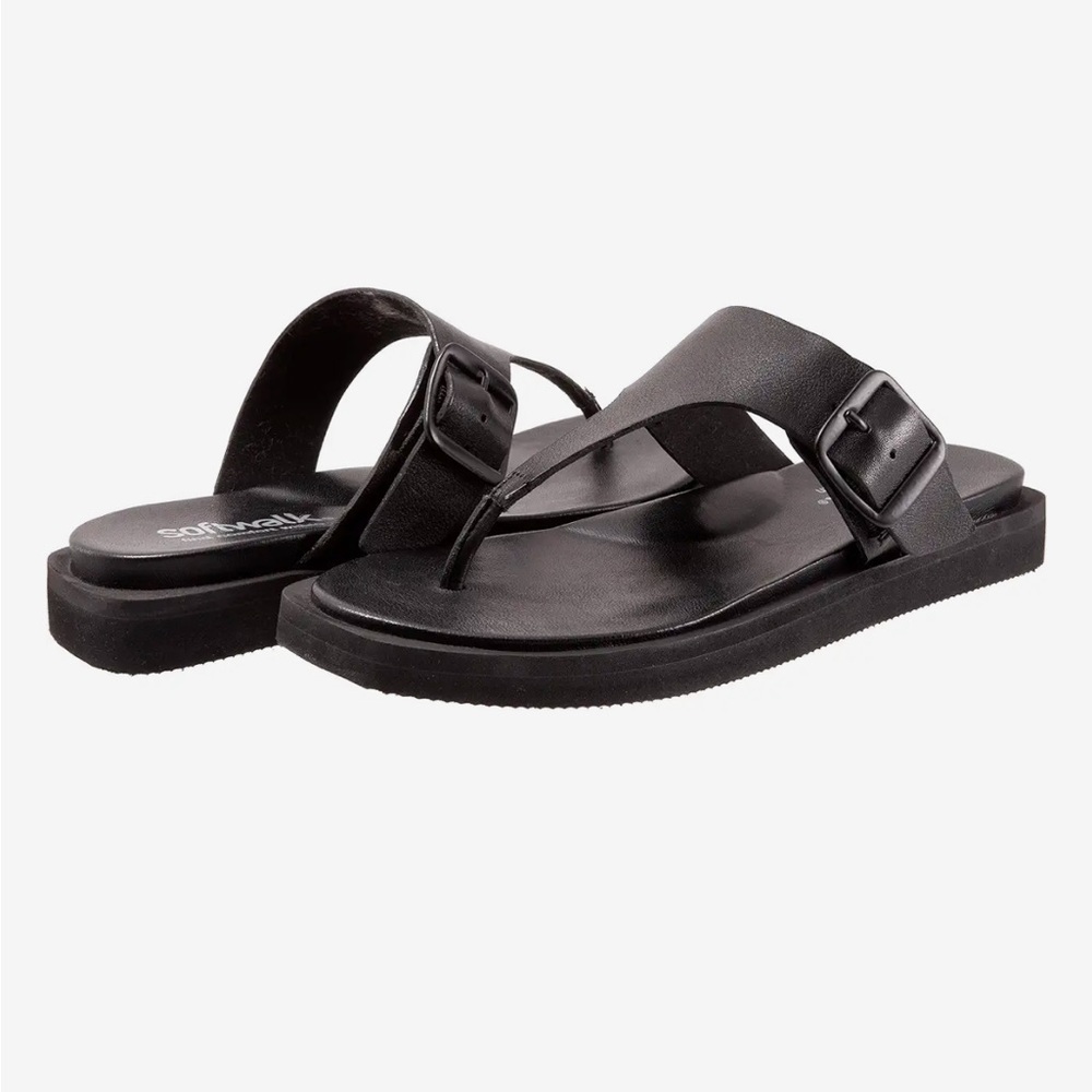 NIB SoftWalk Black Leather Kisi Sandals Slip-On Thongs sz 9.5 Wide - Picture 2 of 14
